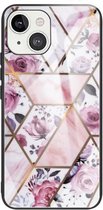 Beschermhoes van glas met abstract marmerpatroon voor iPhone 13 (Rhombus Rose)
