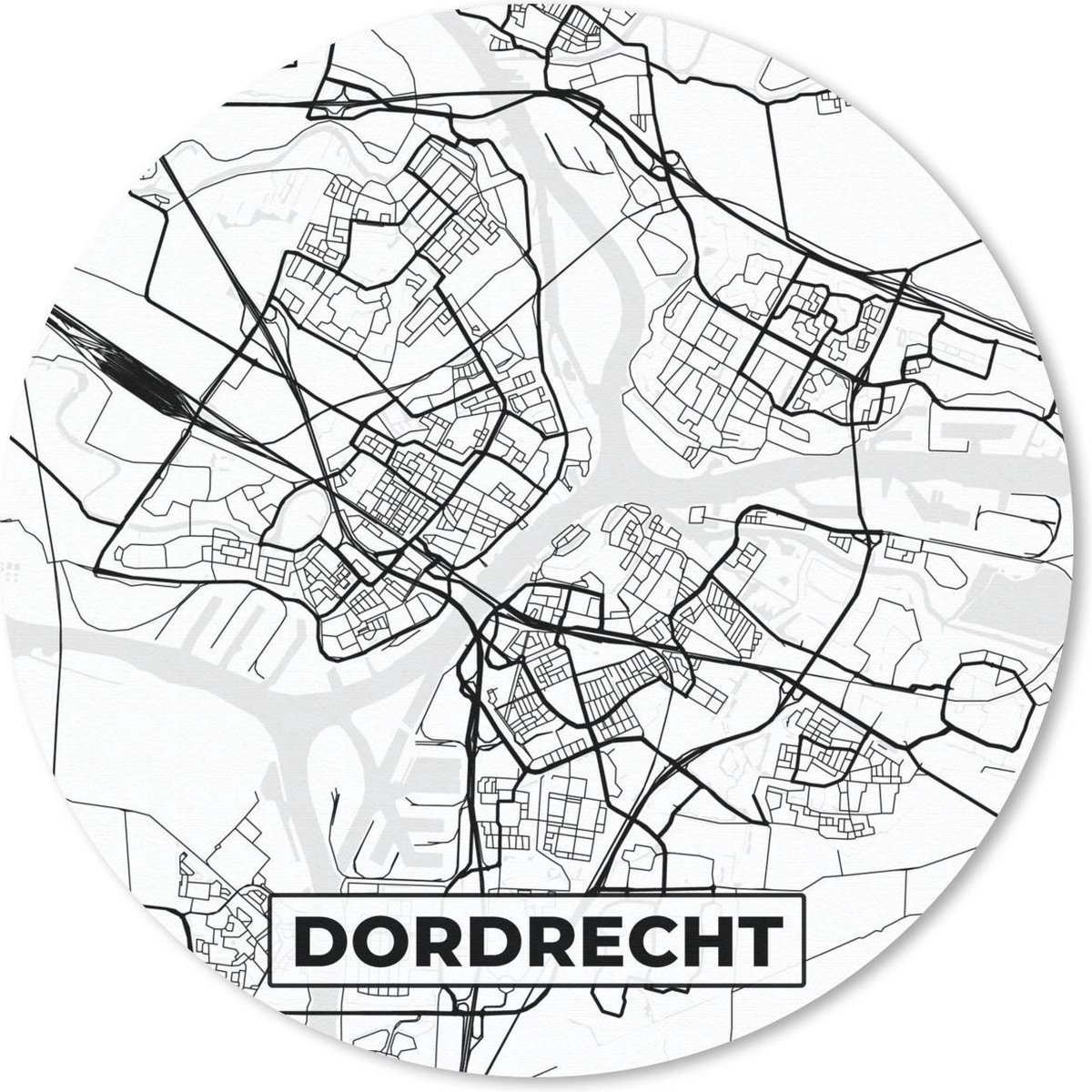 Muismat rond 40x40 cm - Mousepad Kaart - Dordrecht - Zwart - Wit - Ronde muismatten