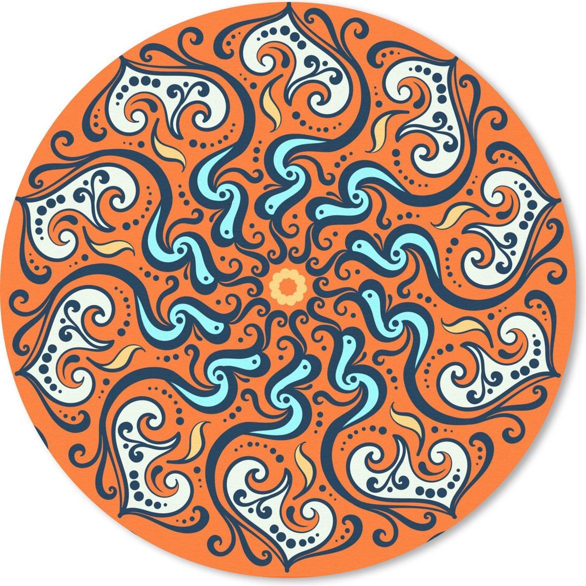 Muismat rond 40x40 cm - Mousepad Mandala - Bladeren - Blauw - Oranje - Ronde muismatten
