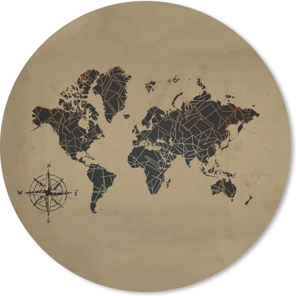 Muismat rond 50x50 cm - Mousepad Wereldkaart - Goud - Kompas - Ronde muismatten