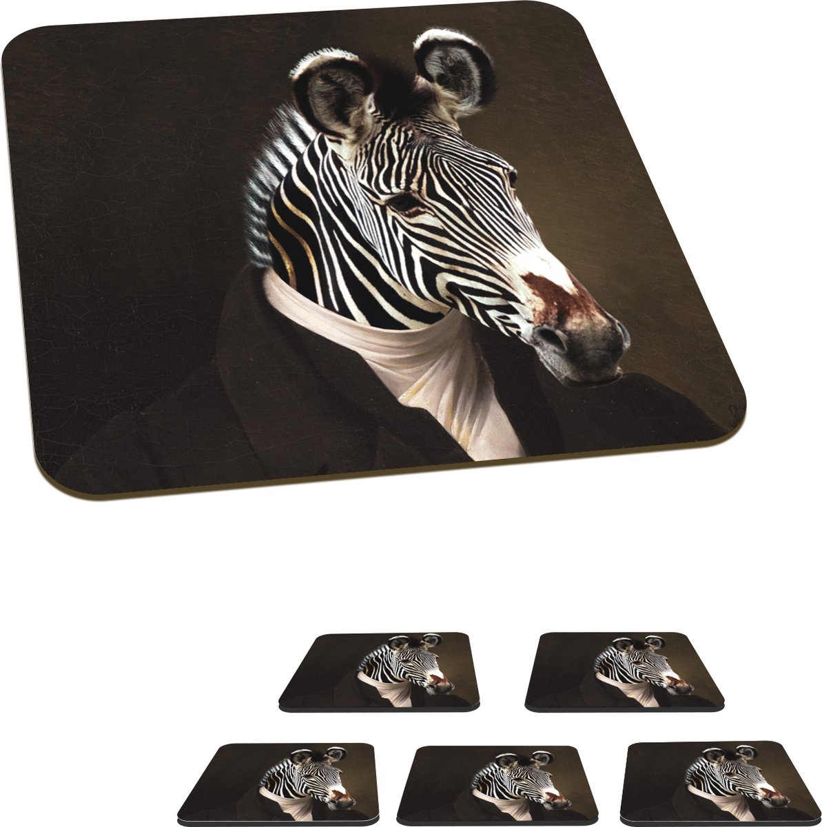 Onderzetters voor glazen - Zebra - Portret - Kleding - 10x10 cm - Glasonderzetters - 6 stuks