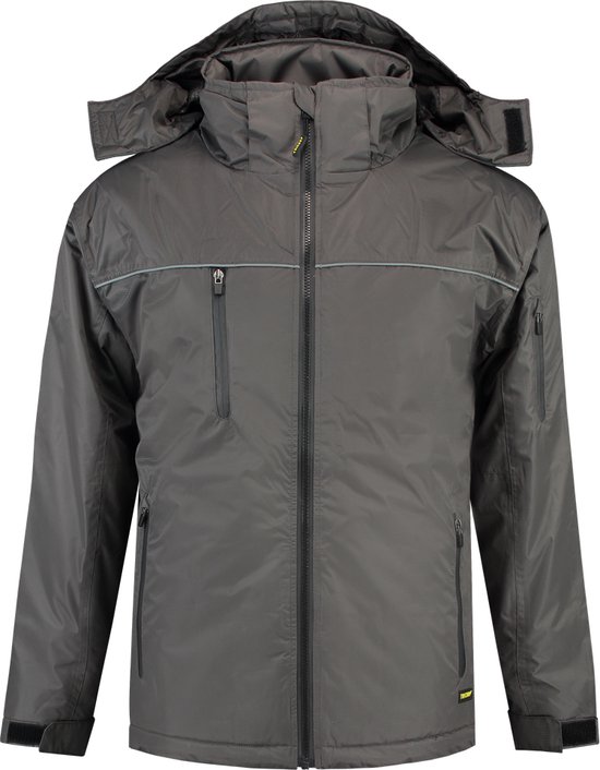 Donkergrijze Tricorp werkparka, voorkant met capuchon, ritssluiting, borst- en steekzakken.