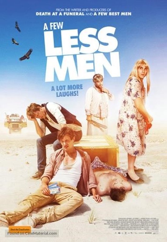 Film poster: 'A Few Less Men'. Vier mannen en een vrouw in een woestijnlandschap.