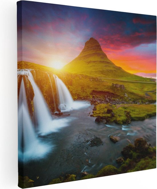 Artaza Canvas Schilderij Waterval Bij Een Vulkaan Met Zonsondergang - 30x30 - Klein - Foto Op Canvas - Canvas Print