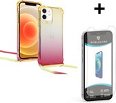 ShieldCase Hoesje met koord geschikt voor Apple iPhone 12 / 12 Pro - 6.1 inch - geel/roze + glazen Screen Protector