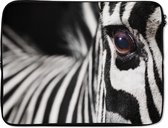 Laptophoes 17 inch 41x32 cm - Zebra op zwarte achtergrond - Macbook & Laptop sleeve Close-up van het oog van een zebra - Laptop hoes met foto