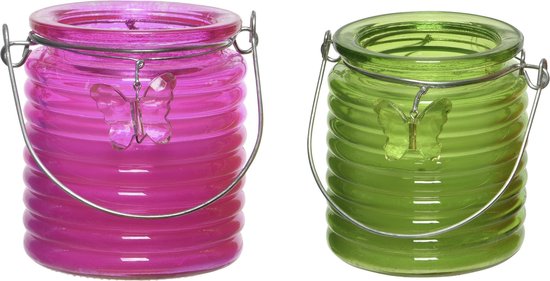 Set van 2x stuks citronella anti muggen kaarsen windlicht roze en groen 20 branduren