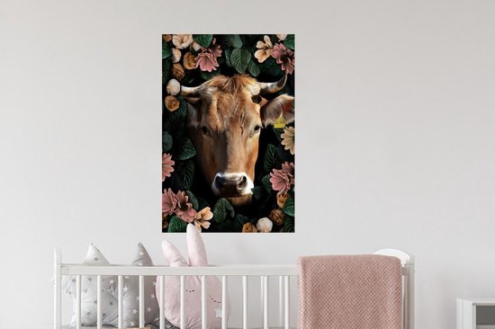 Muurstickers - Sticker Folie - Koe - Dieren - Bloemen - 40x60 cm - Plakfolie - Muurstickers Kinderkamer - Zelfklevend Behang - Zelfklevend behangpapier - Stickerfolie