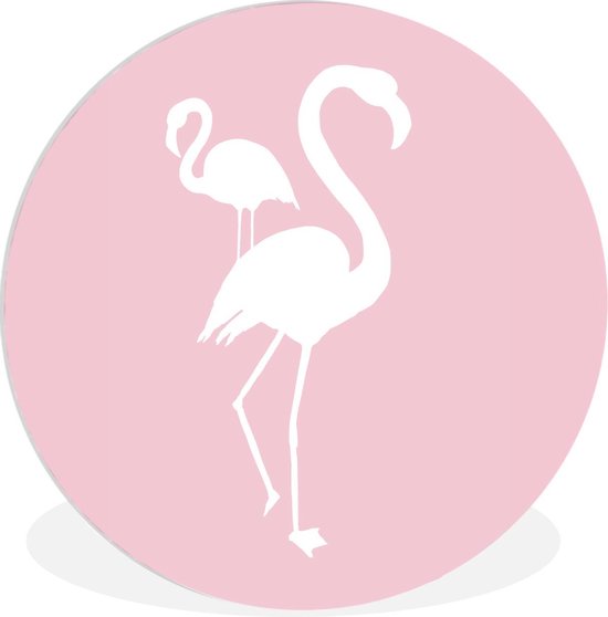 WallCircle - Wandcirkel ⌀ 90 - Flamingo - Wit - Illustratie - Ronde schilderijen woonkamer - Wandbord rond - Muurdecoratie cirkel - Kamer decoratie binnen - Wanddecoratie muurcirkel - Woonaccessoires