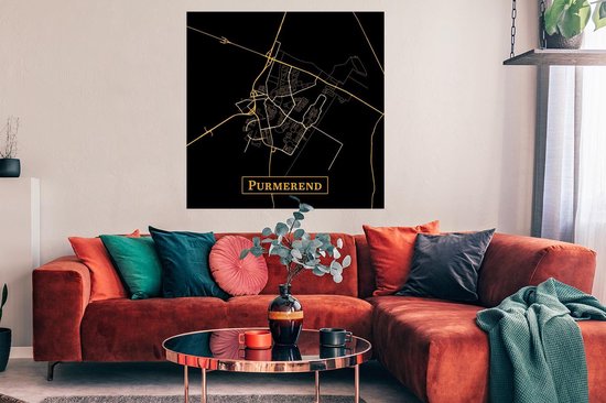 Poster Carte - Purmerend - Pays- Nederland - Or - Zwart - 100x100 cm XXL