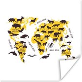 Poster Wereldkaart - Dieren - Geel - 100x100 cm XXL