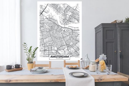 Poster City Map - Amsterdam - Zwart - Wit - 120x160 cm XXL
