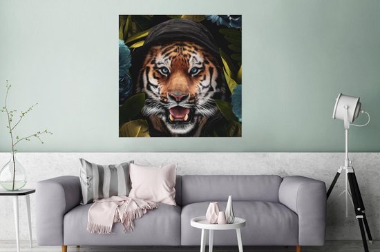 Poster Tijger - Bloemen - Blauw - 75x75 cm