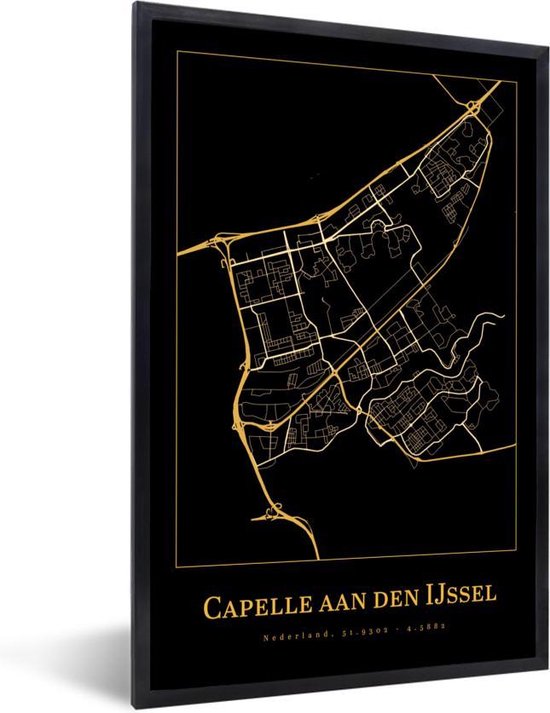 Fotolijst incl. Poster - Kaart - Capelle aan den IJssel - Goud - Zwart - 60x90 cm - Posterlijst