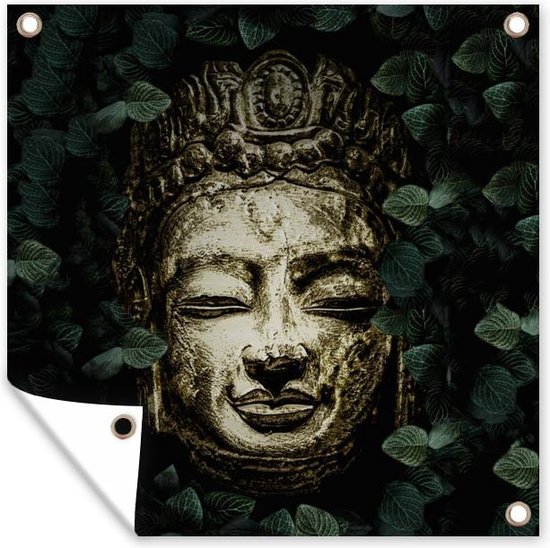 Tuinposters Boeddha - Hoofd - Bladeren - Zwart - 50x50 cm - Tuindoek - Buitenposter