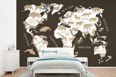 Wereldkaart sur fond marron avec illustrations de silhouettes d'animaux 390x260 cm