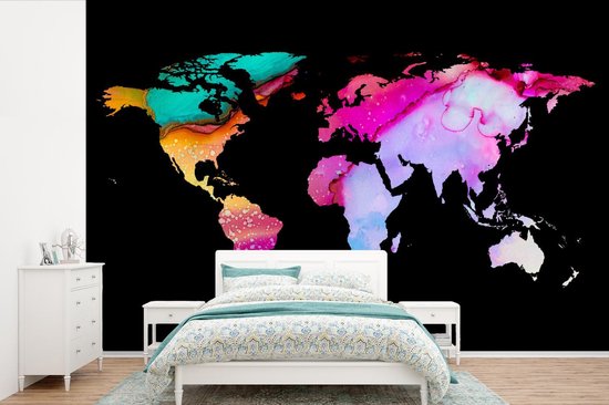 Wereldkaart à l'aquarelle aux couleurs vives sur fond noir 420x280 cm