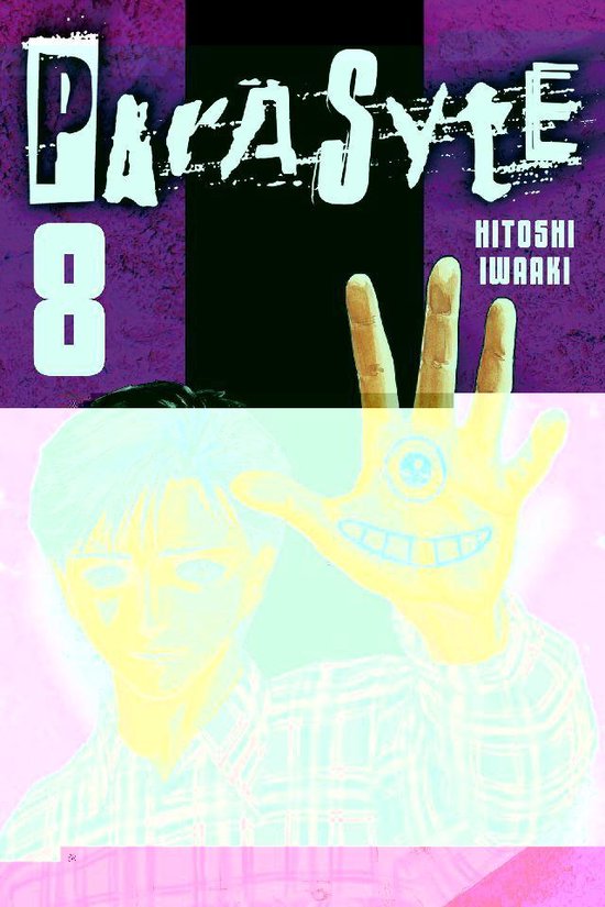 Cover van "Parasyte 8" met een jongeman die zijn hand opheft, met een monstergezicht getekend op zijn handpalm.