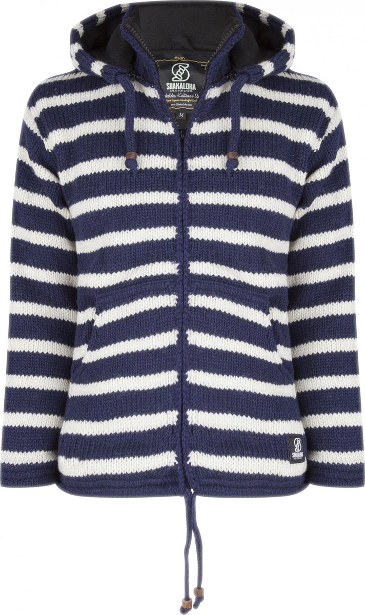 Gebreid Wollen Heren/Uni Vest van Schapenwol met Polyester Fleece voering en afneembare capuchon SHAKALOHA M Split Ziphood 3XL Navywhite