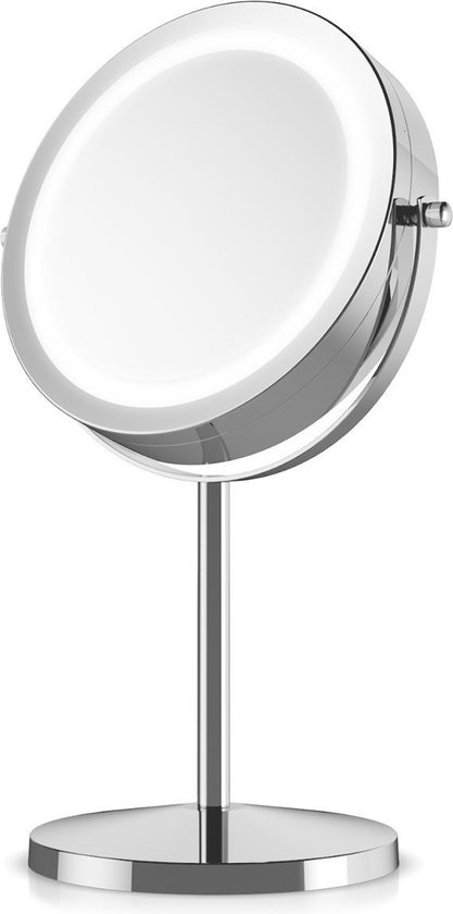Navaris ronde spiegel met verlichting - Make-up spiegel met LED-verlichting - Dubbelzijdig - 5x vergroting - 360° draaibaar - Diameter 17cm - Zilver