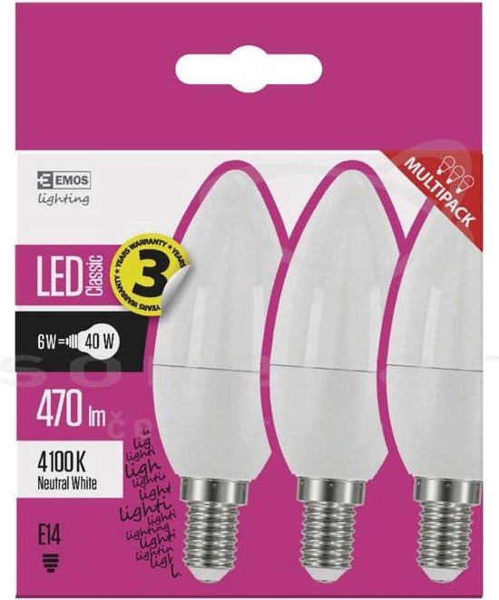 Emos LED E14 - 6W (40W) - Koel Wit Licht - Niet Dimbaar - 3 stuks