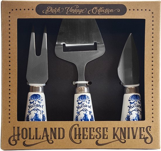 kaasmes set Delftsblauw - Matix - Geschenk set - 3 delig - Hollandse messen set voor kaas - Blauw - Wit - 16 x 15 cm