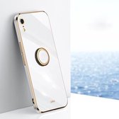 XINLI rechte 6D plating gouden rand TPU schokbestendige hoes met ringhouder voor iPhone XR (wit)