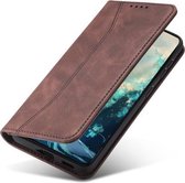 Voor Samsung Galaxy A72 Huid-gevoel Kalfsleer Textuur Magnetische Dual-Fold Horizontale Flip Lederen Case met Houder & Kaartsleuven & Portemonnee (Koffie)