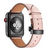 Echt leer + vlinder zwarte gesp vervangende horlogebanden voor Apple Watch Series 6 & SE & 5 & 4 40 mm / 3 & 2 & 1 38 mm (roze)