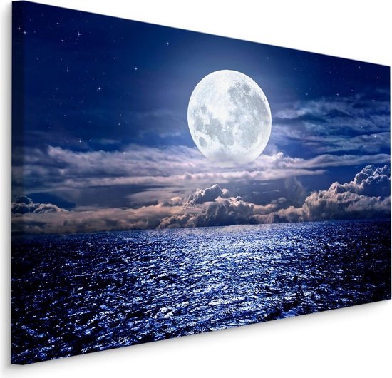 Schilderij - Volle maan boven de zee, blauw/wit, scherpe print