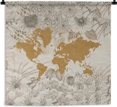 Wandkleed - Wanddoek - Wereldkaart - Bloem - Goud - 90x90 cm - Wandtapijt