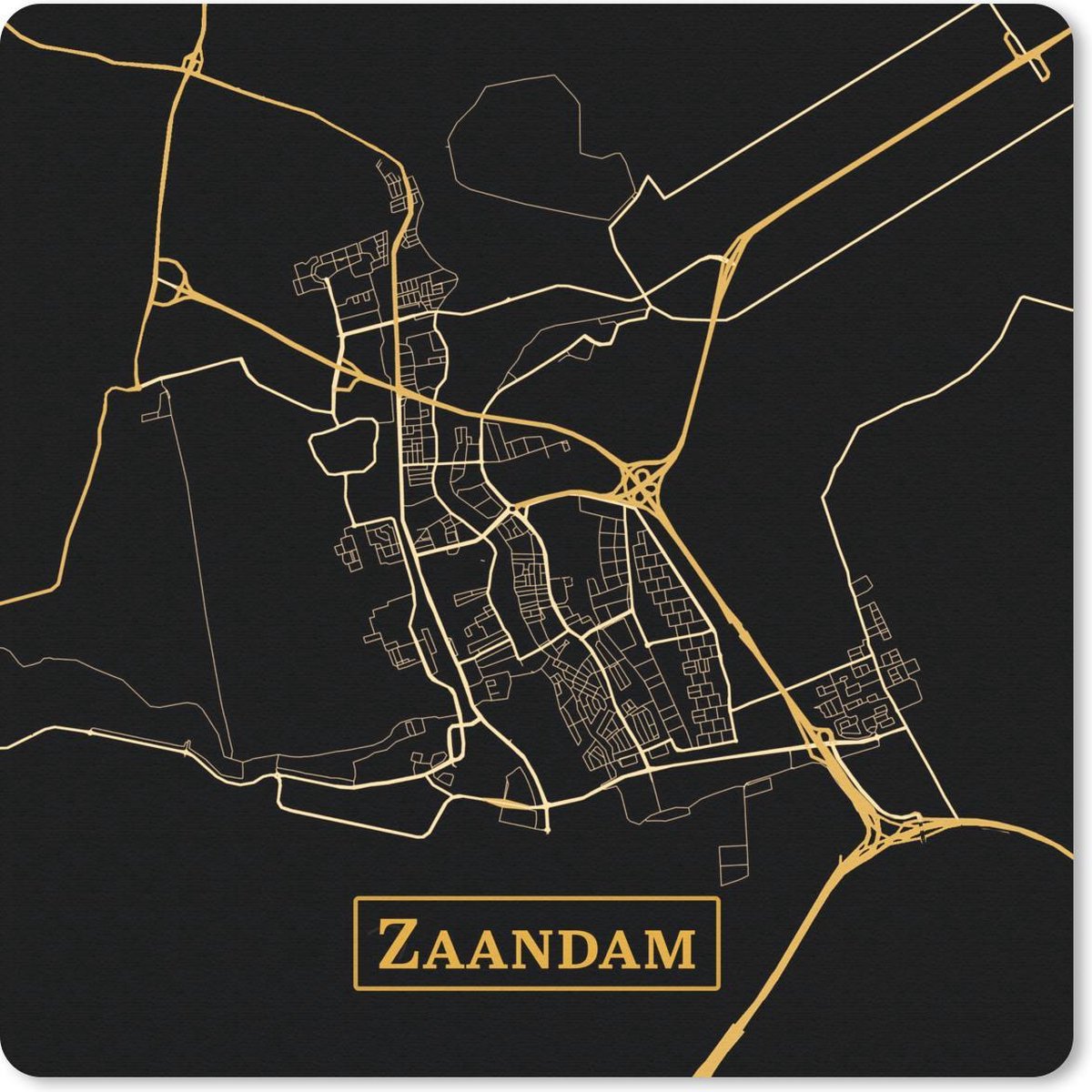 Muismat 30x30 cm - Mousepad Kaart - Zaandam - Zwart - Goud - Muismatten