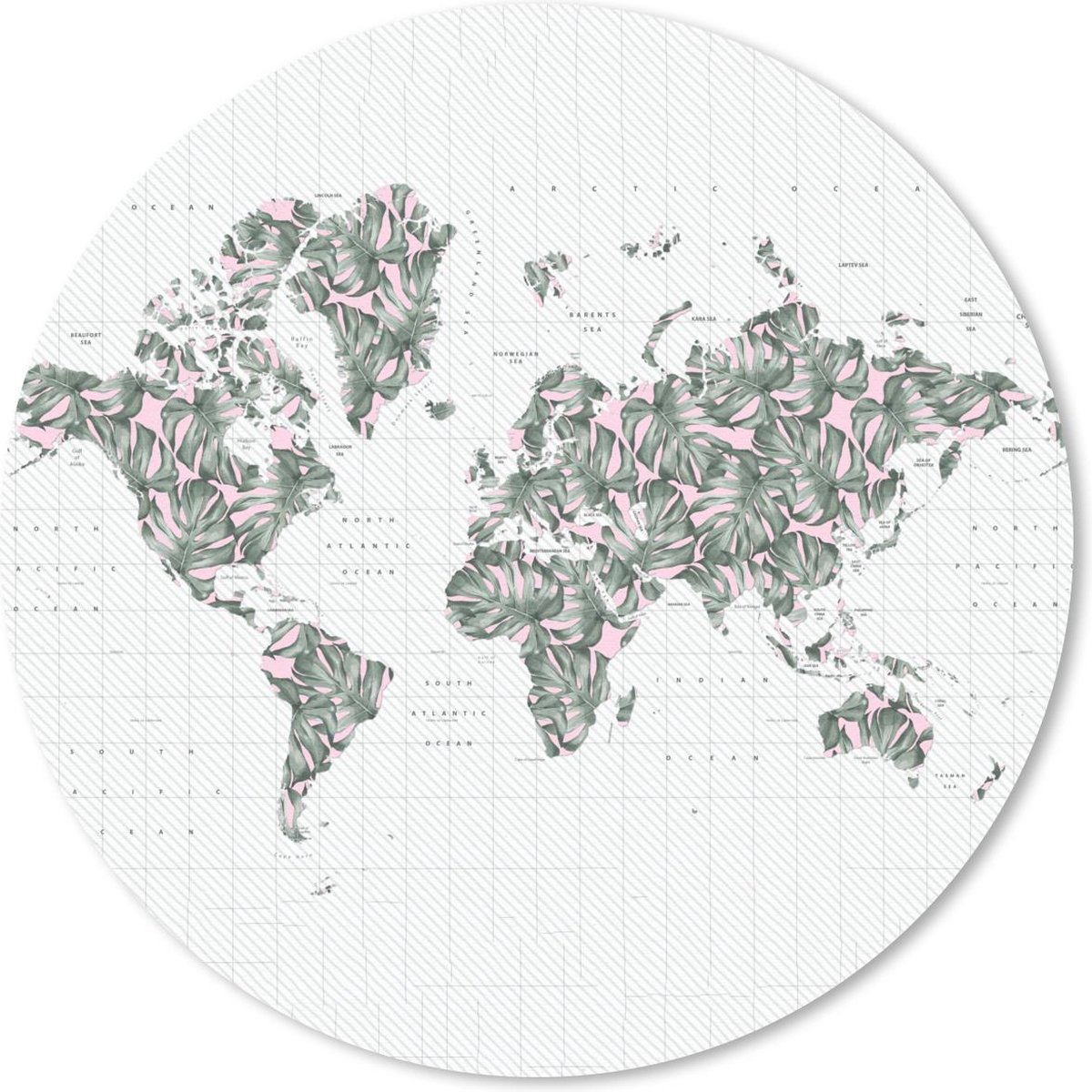 Muismat rond 20x20 cm - Mousepad Wereldkaart - Bladeren - Roze - Ronde muismatten