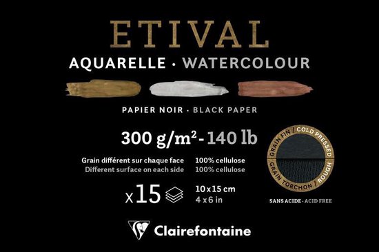 Aquarelpapier – Zwart – A6 – 300 grams – Cold Pressed – Etival – 15 vellen