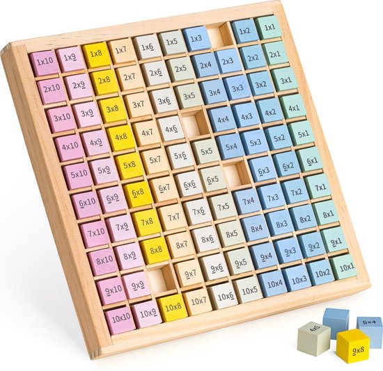 Afbeelding van het spel Navaris houten vermeningvuldigingsbord - Rekenbord om vermenigvuldigen te oefenen - Tafel van 1 t/m 10 - Met 100 blokken van hout - Rekenspel