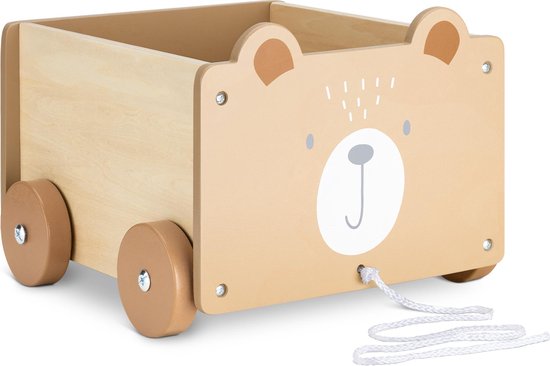 Navaris houten speelgoedkist op wielen - Opbergbox voor speelgoed - Inclusief trektouw - Beer - 25,5 x 24 x 20 cm - Bruin