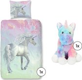 Bedtextielset Kids - Dekbedovertrek Unicorn + Knuffel Eenhoorn Lulu