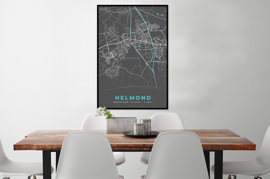 Poster in lijst - Fotolijst 80x120 cm - Posters - Plattegrond - Helmond - Grijs - Blauw - Posterlijst zwart - Decoratie - Wanddecoratie woonkamer - Muurdecoratie slaapkamer