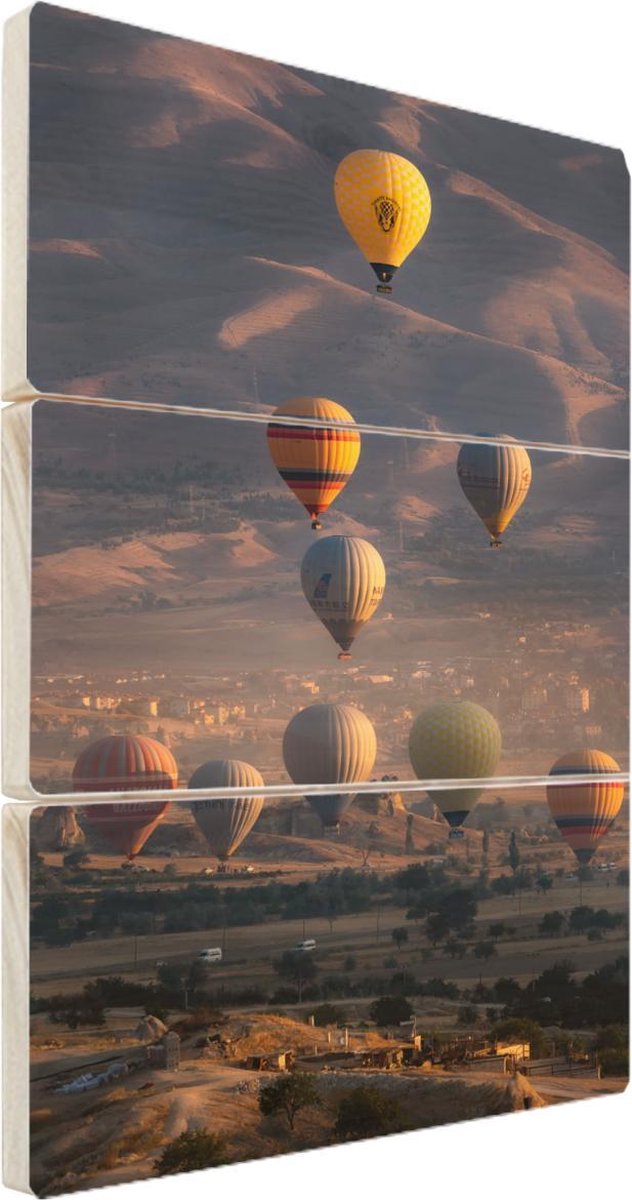 Wanddecoratie hout - Luchtballon - Zon - Natuur - Turkije - 40x60 cm - MuchoWow