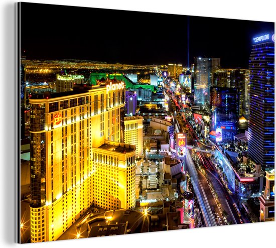Wanddecoratie Metaal - Aluminium Schilderij Industrieel - Skyline - Las Vegas - Nacht - 60x40 cm - Dibond - Foto op aluminium - Industriële muurdecoratie - Voor de woonkamer/slaapkamer