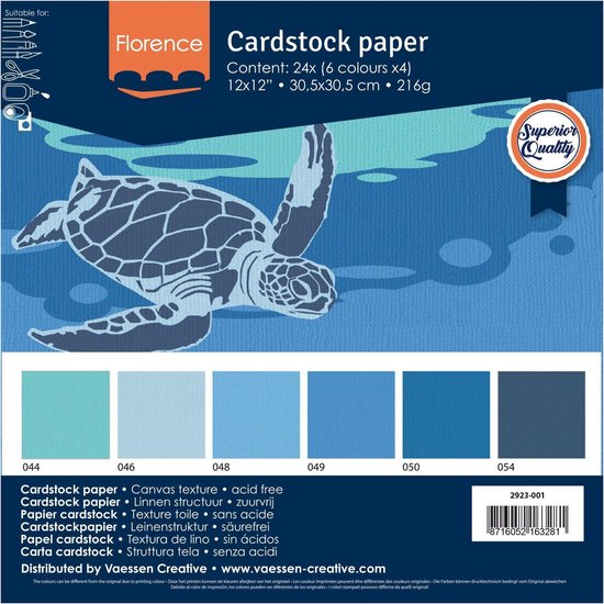 Pak Florence Cardstock Paper met zeeschildpad print, 12x12 inch, 216g, 24 vellen in 6 blauwtinten.