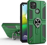 Voor Motorola Moto G9 Power Koolstofvezelpatroon PC + TPU-beschermhoes met ringhouder (donkergroen)