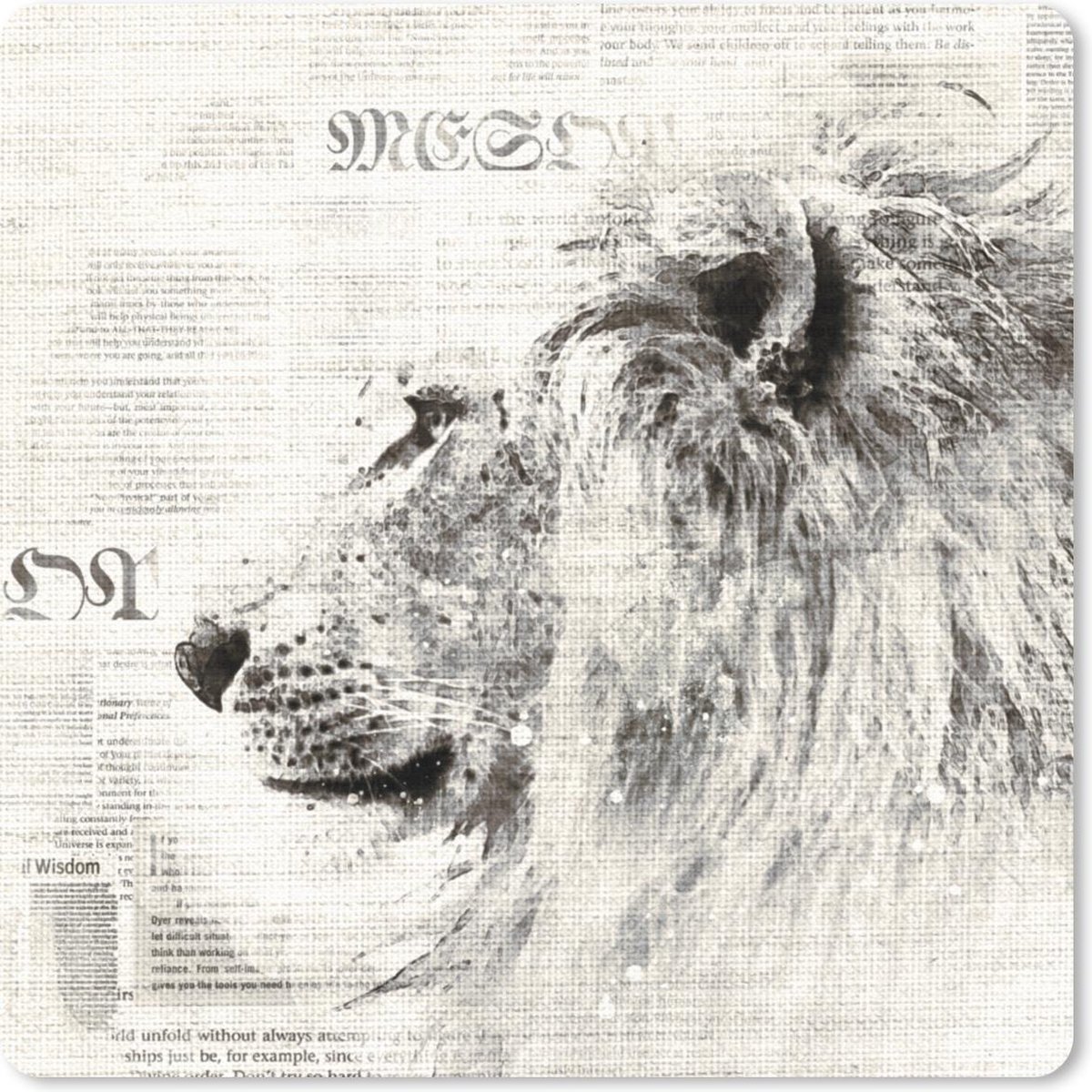 Muismat 20x20 cm - Mousepad Leeuw - Krant - Zwart - Wit - Muismatten