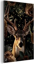 Décoration murale Métal - Aluminium - Cerf - Fleurs - Goud - 60x90 cm