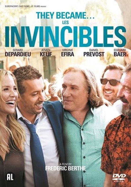 Film poster met acteurs Gerard Depardieu, Atmen Kelif, Virginie Efira, Daniel Prevost en Edouard Baer. Titel: THEY BECAME... LES INVINCIBLES.