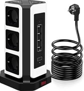 Stekkerdoos - Zinaps Power Strip 9 Sockets (2500 W / 10 A), Meerdere socket met 4 USB A x 1 USB C Opladen poorten Socket Tower Surge Protection and Short Circuit Protection met 2 m kabel voor