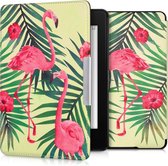 kwmobile hoes geschikt voor Amazon Kindle Paperwhite - Magnetische sluiting - E reader cover in poederroze / groen / lichtgroen - Flamingo en Palmbomen design
