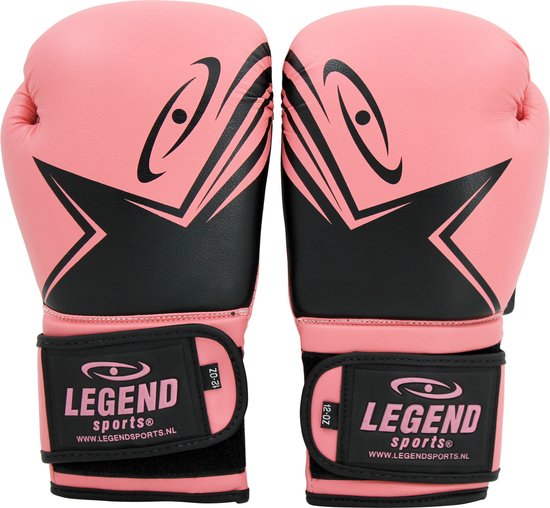 Roze bokshandschoenen met zwarte ster en Legend Sports logo.