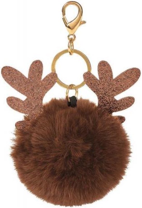 sleutelhanger Kerst rendier pluche 9,5 x 7 cm bruin