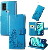 Voor UMIDIGI A9 Pro Vierbladige Sluiting Reliëf Gesp Mobiele Telefoon Bescherming Lederen Case met Lanyard & Kaartsleuf & Portemonnee & Beugel Functie (Blauw)
